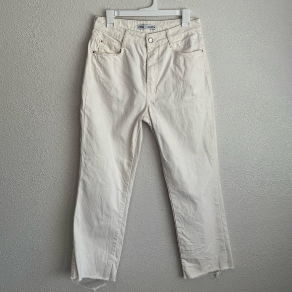 Zara Women's Size 8 Cream Denim Straight Leg Jeans Raw Hem Boho Western Rodeo - Picture 1 of 7